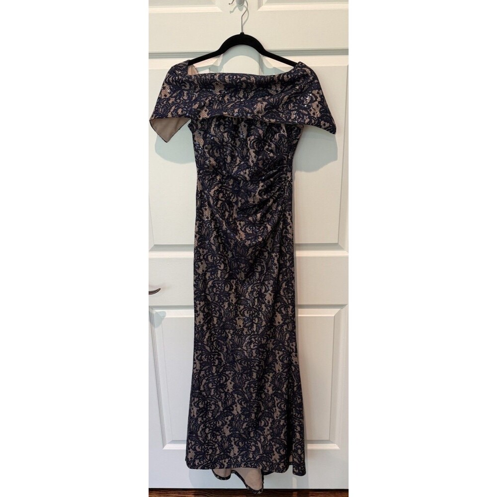 Vince Camuto Sequin Off The Shoulder Navy Tan Lace Formal Gown Petite 4